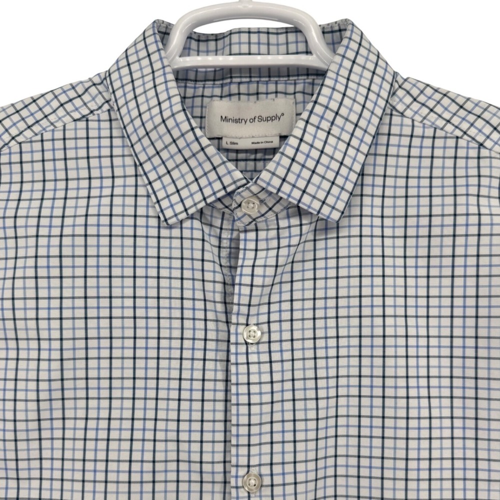 Ministry of Supply Apollo Slim Fit Shirt Mens L Blue White Grid Check Polyester